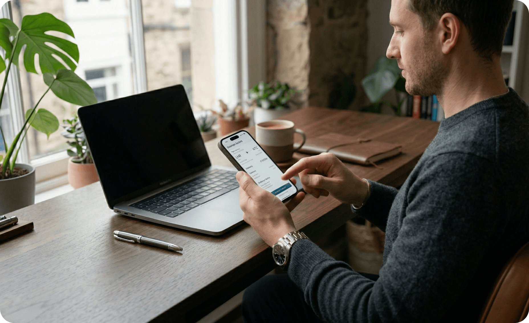 Homem consultando app de passagens aéreas no smartphone