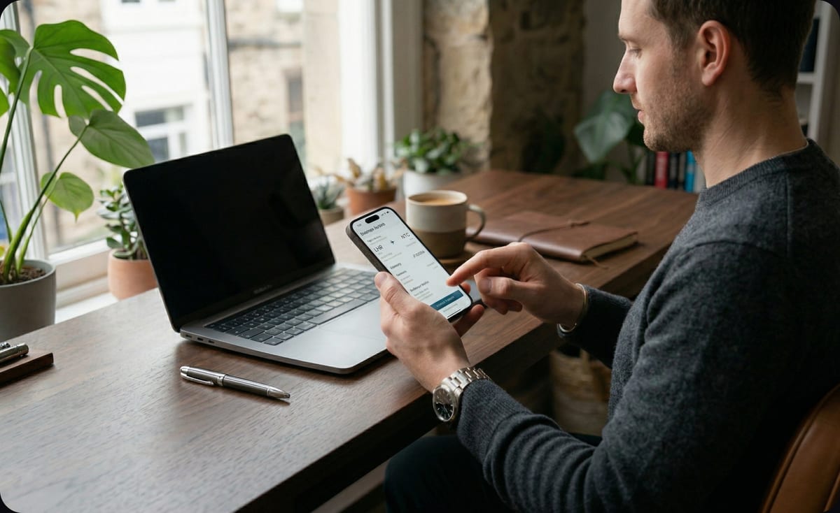 Homem consultando app de passagens aéreas no smartphone
